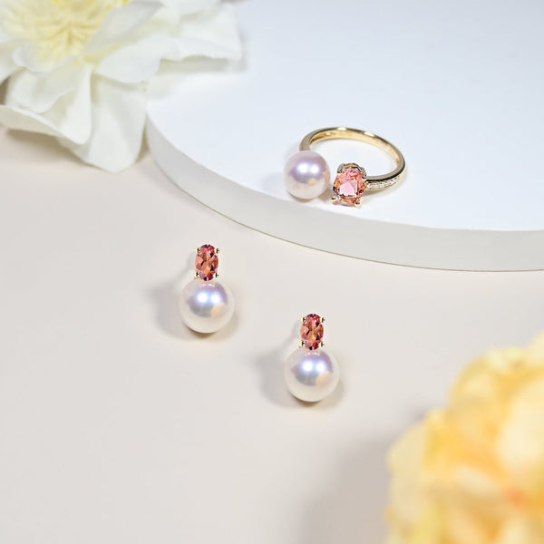 晨曦粉紅碧璽珍珠耳環Dawn Tourmaline Akoya Pearl Earrings