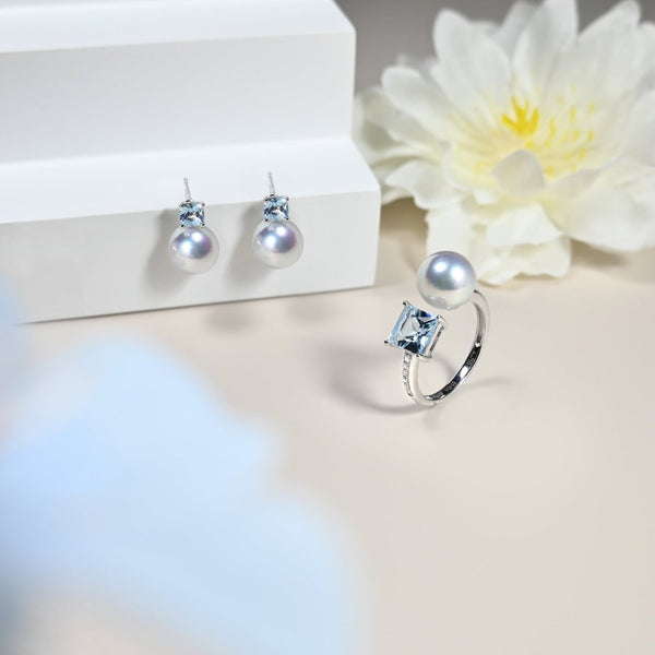 海洋之夢海藍寶珍珠鑽石戒指 Blue Horizon Aquamarine Akoya Pearl Diamond Ring