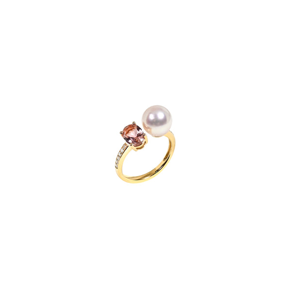 晨曦粉紅碧璽珍珠鑽石戒指Dawn Tourmaline Akoya Pearl Diamond Ring