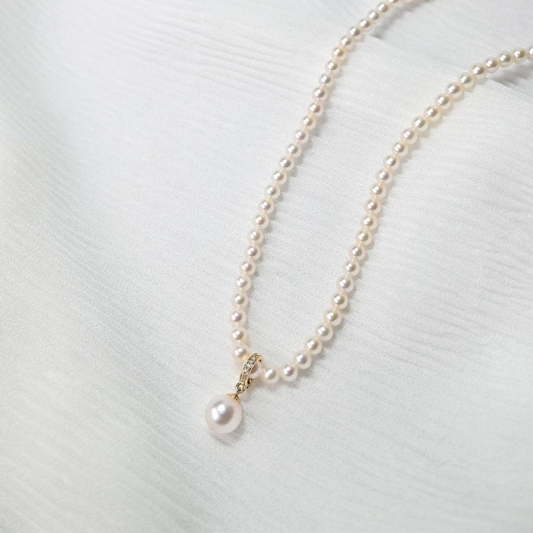 茉莉之戀珍珠項鍊，天然珍珠珠鍊搭配日本珠墜頭擺拍
